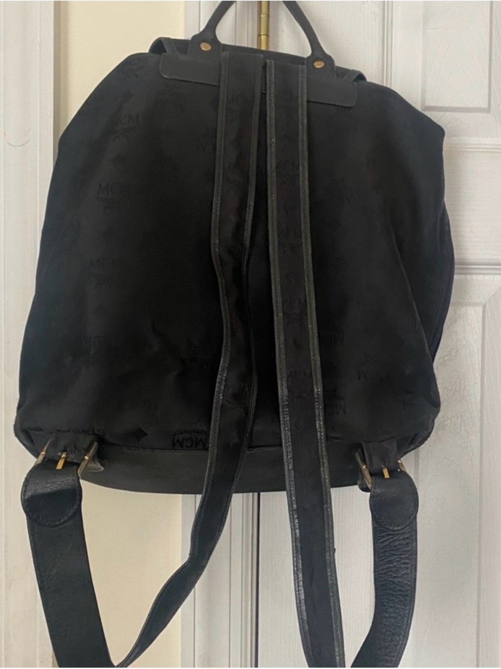 MCM Vintage Black Nylon Logo Backpack with Gold Plaque and Buckles - Picture 2 of 6